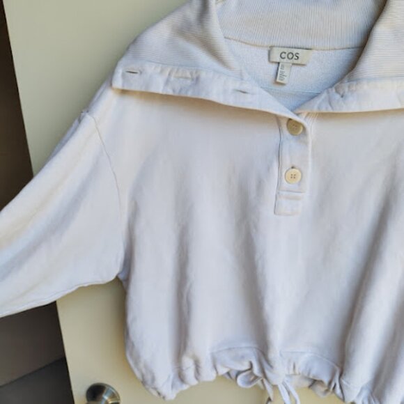 COS Beige Drawstring Hem Cropped Button Up Foldover Funnel Neck Sweater L - Picture 5 of 12